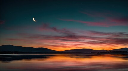 Obraz premium Serene sunset over lake with crescent moon