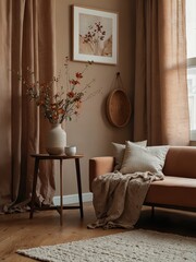 Modern Minimalist Living Room with Indoor Plants and Wooden Furniture