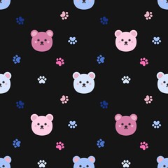 Fototapeta premium Kawaii bear seamless pattern on black background. Cute pink, blue, and purple bear faces with colorful paw prints. Adorable doodle style for fabric, wallpaper, and kids design.