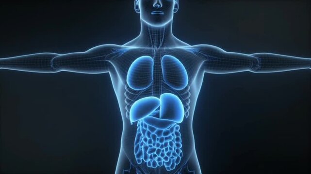 Human anatomy with illuminated internal organs, showing major organ systems such as the lungs, heart, liver, stomach, and intestines. Ideal for medical, scientific, educational, and health content
