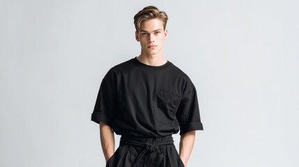 Business and Career Development portrait of a confident young man in a minimalist black outfit, hands in pockets, against a light grey background