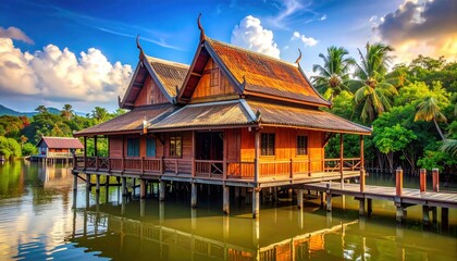 Fototapeta premium Stunning waterfront wooden houses reflect beautifully in the tranquil water, showcasing traditional architecture and lush tropical surroundings.