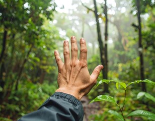 A hand reaching upward in a lush rainforest