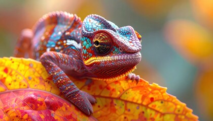 A vibrantly colored chameleon rests gracefully on a vibrant autumn leaf, showcasing its intricate patterns and striking hues.