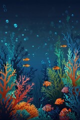 Colorful Cartoon Underwater Coral Reef with Tropical Fish