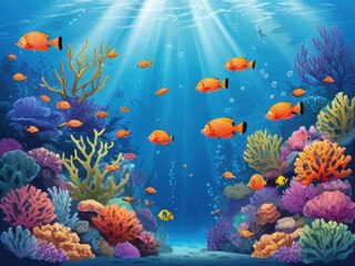 Colorful Cartoon Underwater Coral Reef with Tropical Fish
