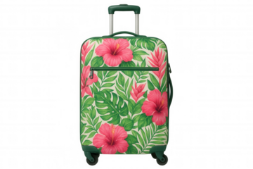 Green rolling suitcase with pink hibiscus flowers and green leaves pattern, isolated on transparent background, ready for vacation