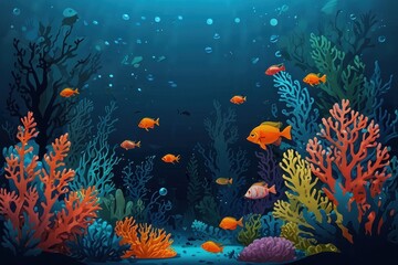 Colorful Cartoon Underwater Coral Reef with Tropical Fish