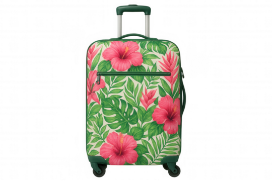 Green rolling suitcase with pink hibiscus flowers and green leaves pattern, isolated on transparent background, ready for vacation