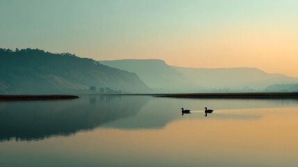 Fototapeta premium Ducks on calm lake at dawn