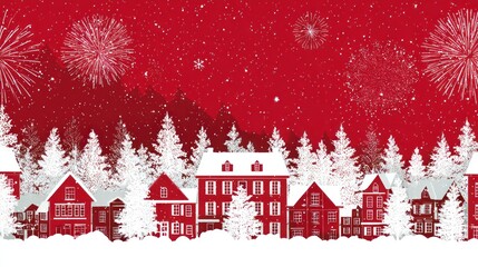 Festive Snowy Village Scene with Fireworks and Christmas Trees in Red Sky