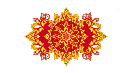 Beautiful red and gold floral ornament isolated on white background, a symmetrical and decorative design