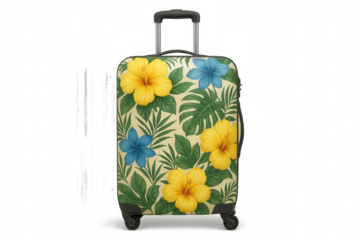 Stylish travel suitcase featuring vibrant hibiscus print, tropical leaf pattern capturing summer vacation spirit against transparent backdrop
