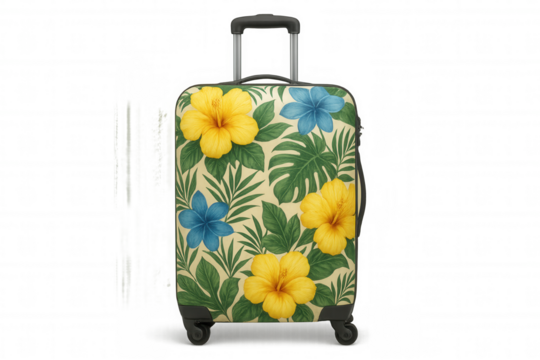 Stylish travel suitcase featuring vibrant hibiscus print, tropical leaf pattern capturing summer vacation spirit against transparent backdrop