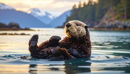 A serene sea otter floats gracefully on the water's surface, bathed in the soft light of the golden hour, with a backdrop of majestic mountains and the calming blue of the sea.