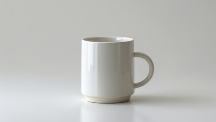 A simple, clean white mug sits on a plain surface, showcasing its smooth lines and subtle design.