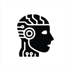 Black silhouette of a robotic human head with circuits and gears Keywords: robot, head, silhouette, human, artificial