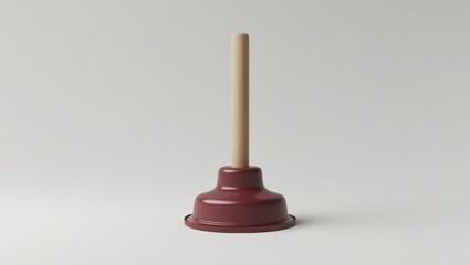 A single, burgundy-colored plumber's plunger with a light-beige wooden handle stands centrally against a plain, neutral backdrop.