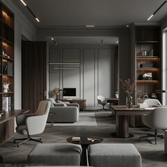 Modern office interior with dark wood and gray accents