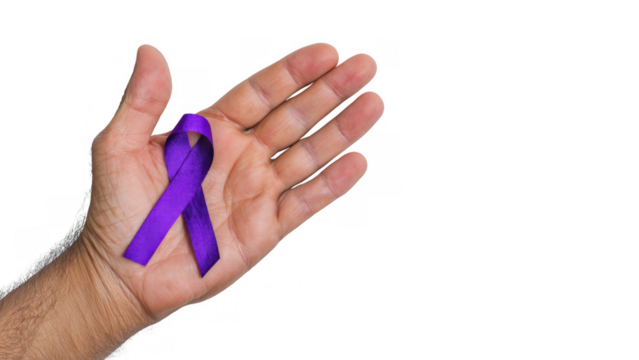 Hand with purple ribbon for Alzheimer's support, created with AI, PNG