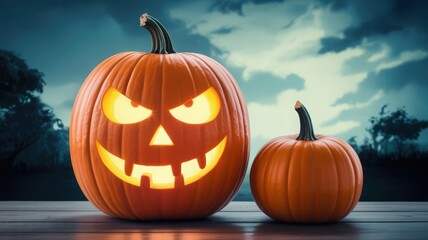 Obraz premium Glowing Jack O Lanterns on Wooden Table Halloween Night