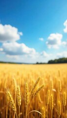 Naklejka premium Golden wheat swaying gently in the summer breeze, under a vast blue sky A picturesque rural landscape perfect for idyllic backgrounds or harvest themes , rural, golden wheat