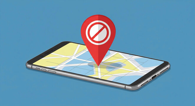 Phone displaying a map with a blocked location pin, symbolizing disabled GPS or restricted access. Ideal for privacy, data security, and no-tracking concepts.