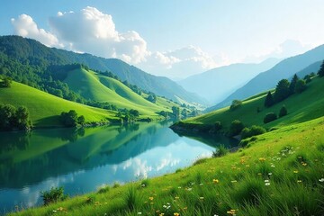 Serene landscape of rolling hills gently sloping down to a tranquil lake, reflecting the sky and surrounding greenery Ideal for nature, travel, and environmental themes , lake, dusk