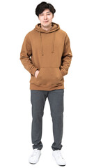 Fototapeta premium Man png mockup in brown hoodie street fashion full body