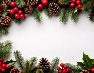 Fototapeta premium Festive christmas garland border with pinecones and berries
