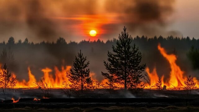 Wildfire erupts at sunset forested area nature photography dramatic landscape aerial perspective environmental impact
