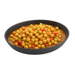 Close up of a flavorful chickpea curry in a dark bowl isolated on white background
