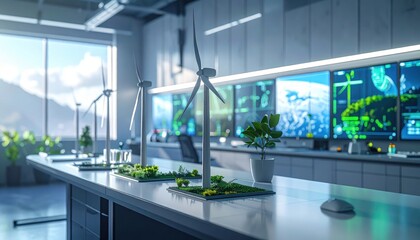 Modern laboratory displaying miniature wind turbines and interactive displays; showcasing a futuristic approach to sustainable energy.