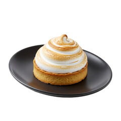 Swirled meringue tart on dark plate gourmet pastry dessert isolated on white background