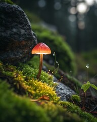 Fototapeta premium Glowing Red Mushroom on Mossy Forest Floor fungi orange