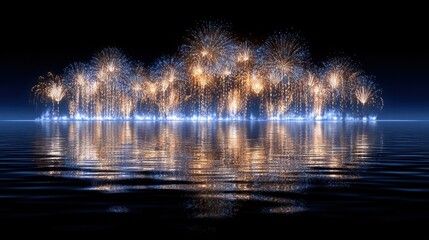 Fireworks Display Over Water Night Scene Vibrant Bright Colors Celebratory Atmosphere