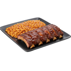 Delicious barbecue ribs and baked beans served on a black plate ready to eat isolated on white background