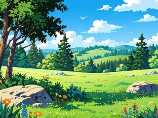 Beautiful Cartoon Landscape with Green Meadow and Forest