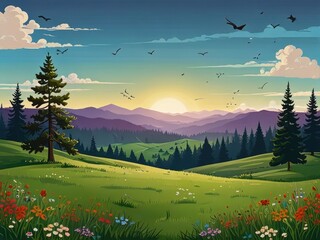 Beautiful Cartoon Landscape with Green Meadow and Forest