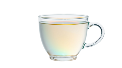 A transparent glass mug filled with a light-colored liquid, possibly water or a clear beverage, against a plain white background, highlighting its simplicity and purity