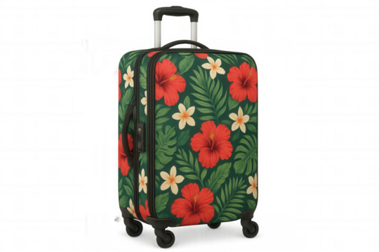 Green suitcase with red hibiscus and white plumeria flowers and leaves pattern is ready for a tropical vacation