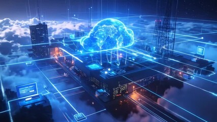 Futuristic Cloud Computing Cityscape with Data Transmission Over Network in Digital Age - Powered by Adobe