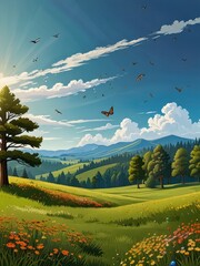 Beautiful Cartoon Landscape with Green Meadow and Forest