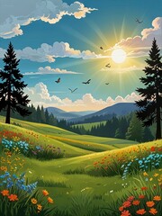 Beautiful Cartoon Landscape with Green Meadow and Forest