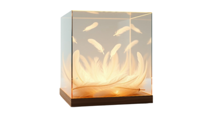 Illuminated feather sculpture with warm lighting in a modern glass and wood display case