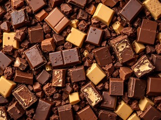 Full frame close up of assorted broken chocolate bars in dark and milk tones, showing detailed textures and scattered chunks filling the frame