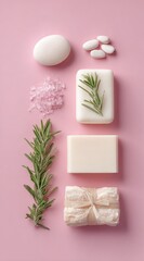 A visually appealing flat lay of stacked bath products, sprigs, & crystals, arranged vertically on a soft pink backdrop