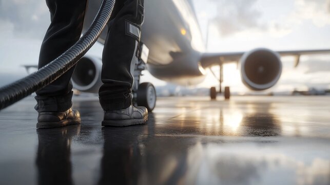 Medium shot of ground crew wearing safety vest refueling aircraft with sustainable aviation fuel SAF, natural daylight atmosphere. - Powered by Adobe