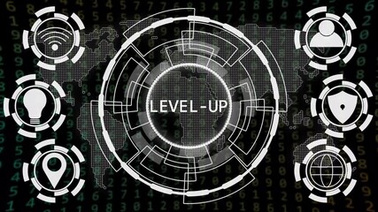 Futuristic Digital Interface World Map Level Up Icons Data Stream Technology Concept global network - Powered by Adobe