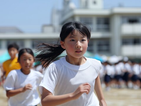 運動会で全力疾走する白い体操服姿の日本人小学生